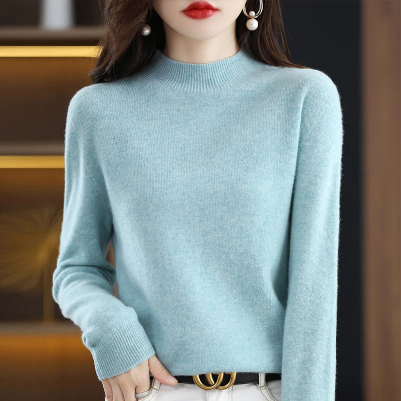 100% merino wool cashmere sweater women's sweater semi-high-necked long-sleeved pullover warm pullover in autumn and winter