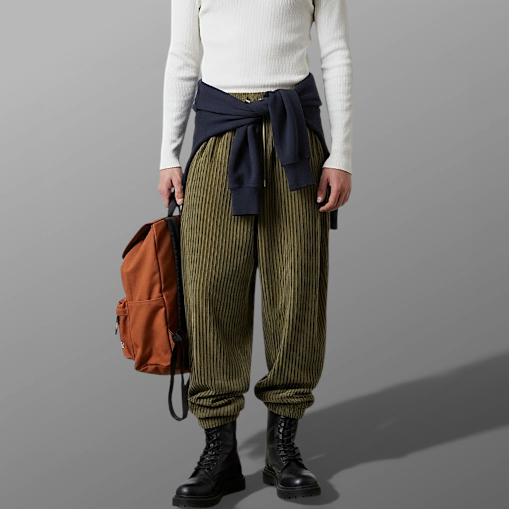 Wide wale striped corduroy with barrel leg