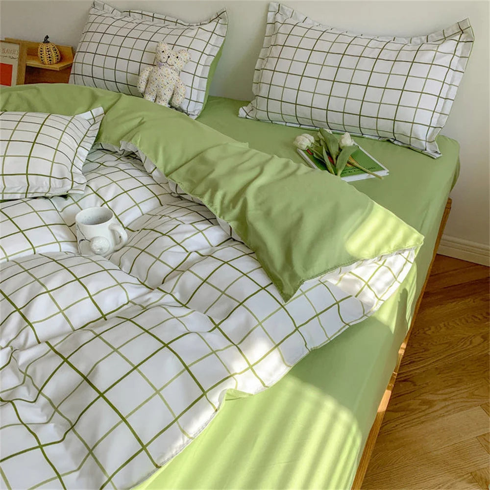 Ins Green Grid Bedding Set Bed Linen Nordic Lattice Duvet Cover For Adults Boys Bedspread Flat Sheet Simple Single Quilt Cover