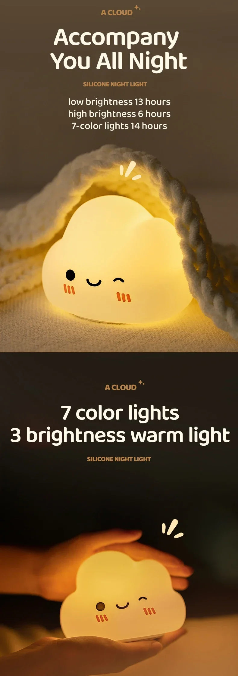 Cloud Night Light for Kids, Adorable Touch Night Lamp Silicone Dimmable LED Rechargeable Bedside Night Lights for Bedrooms