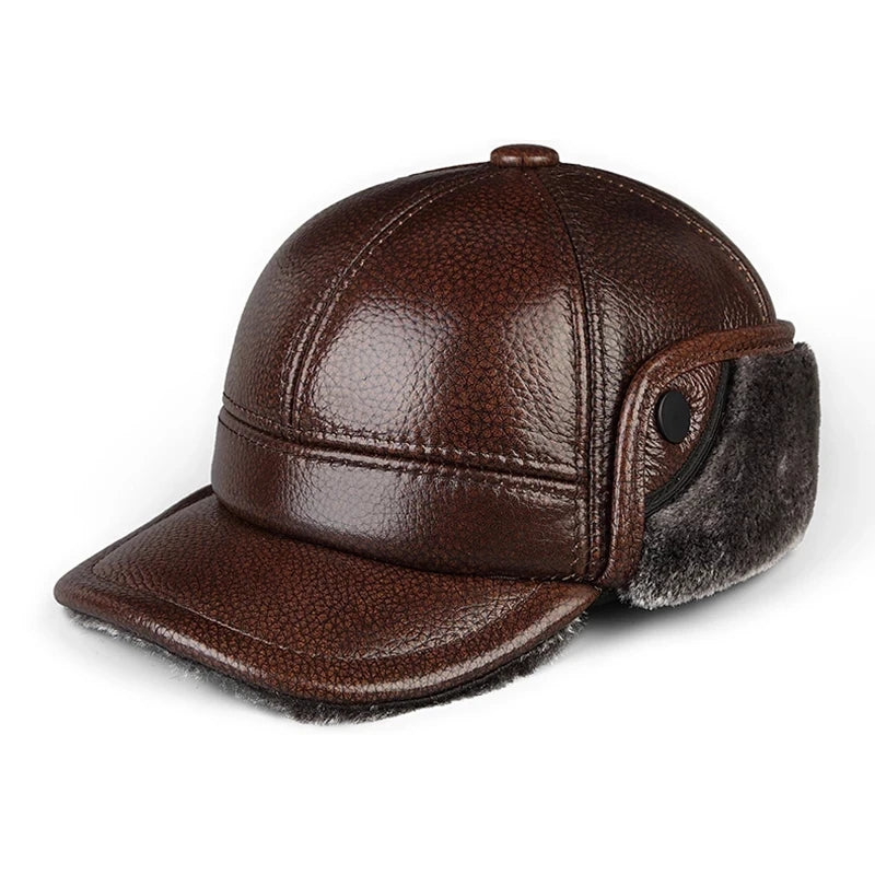 High Quality Genuine Leather Hats Winter First Layer Cowhide Warm Earmuffs Bomber Caps Plus Velvet Thicken Man Bone Caps Dad Hat