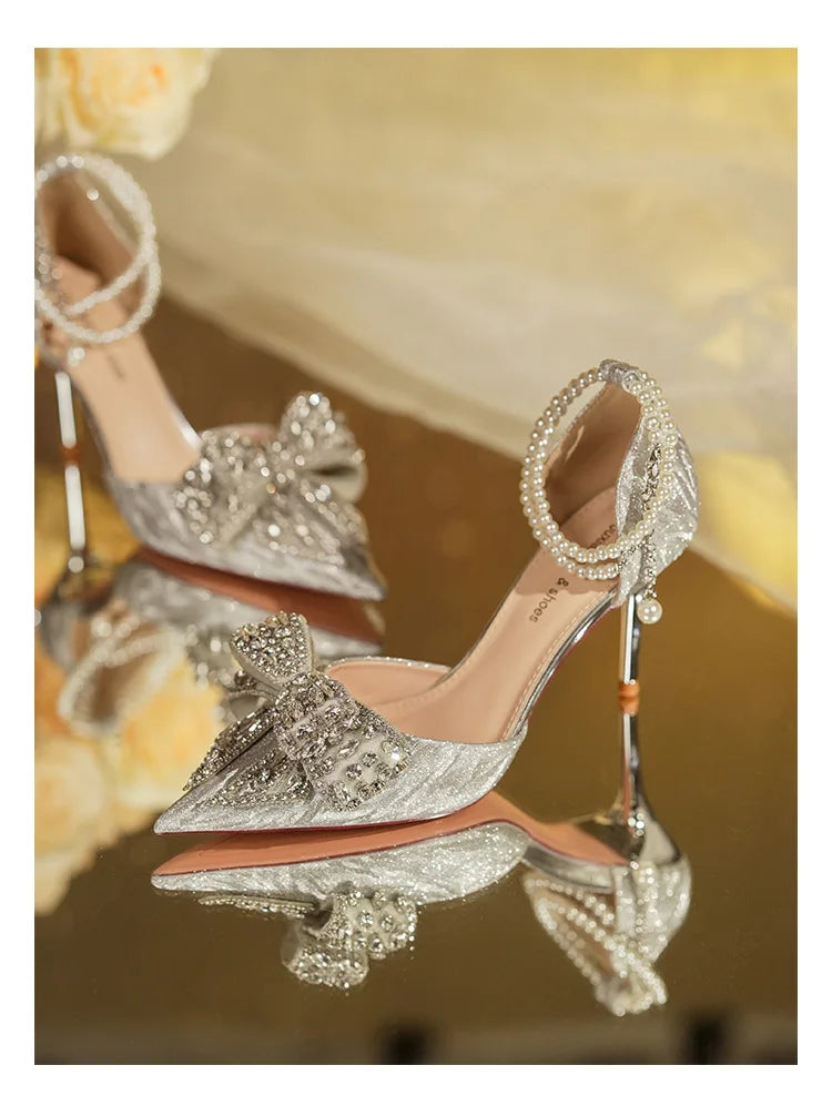 Summer Fashion Pointed Toe Sandals Women's Rhinestone Pearl Butterfly Gold Silver High Heels Party Wedding Plus Size Shoes