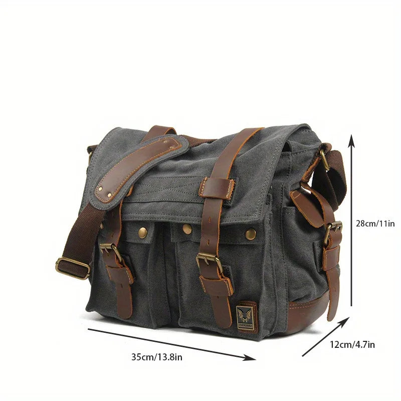 MUCHUAN Fashion Vintage Leather Canvas Men's Messenger Bag Cotton Multi-Pocket Crossbody Bag Men Shoulder Casual Travel Handbag