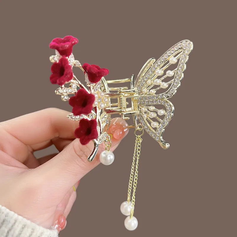 Exquisite Rhinestone Butterfly Fringe Hair Claw Clips Korean New Ponytail Braid Pearl Hairpin Girl Crab Metal Headdress Gift