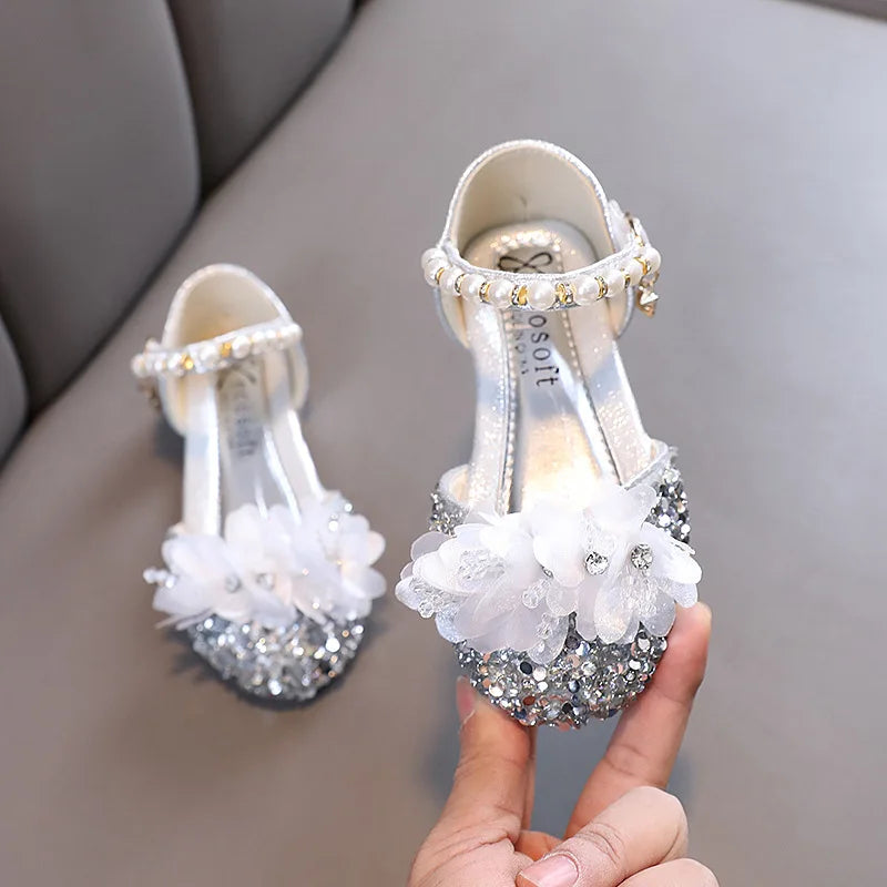 Fashion Children's Sandals 2024 Spring Summer Shining Flowers Sweet Girl Princess Shoes Dance Performance Kids Sandals J191