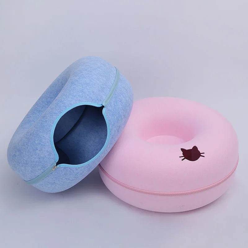 Cute Cartoon Shaped Interactive Toy for Cats House Felt Tunnel Cave Beds Removable Donut with Zipper Nest Basket Kitten Supplies