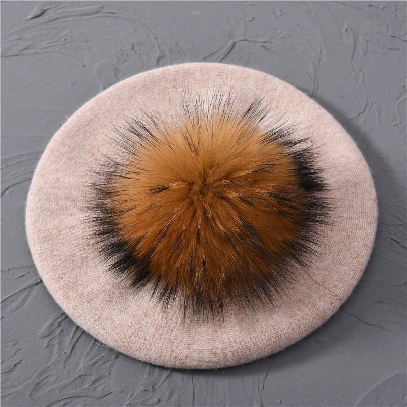 Jaxmonoy Winter Female Beret Women Hat Big Real Raccoon Fur Pompom Beret Wool Cashmere Natural Fur Ball Fashion Beret Cap Female