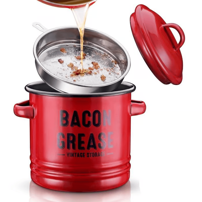 46-ounce bacon fat container, with strainer and food-grade silicone spatula