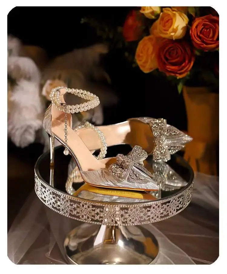 Summer Fashion Pointed Toe Sandals Women's Rhinestone Pearl Butterfly Gold Silver High Heels Party Wedding Plus Size Shoes