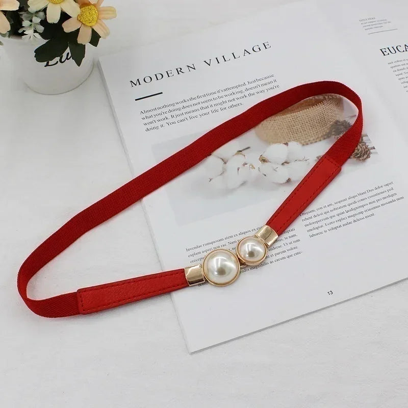 Luxury Designer Brand Ladies Pearl Buckle Waistband Thin PU Leather Belts for Women Belt Dress Skirt Waist Elastic Women Belts