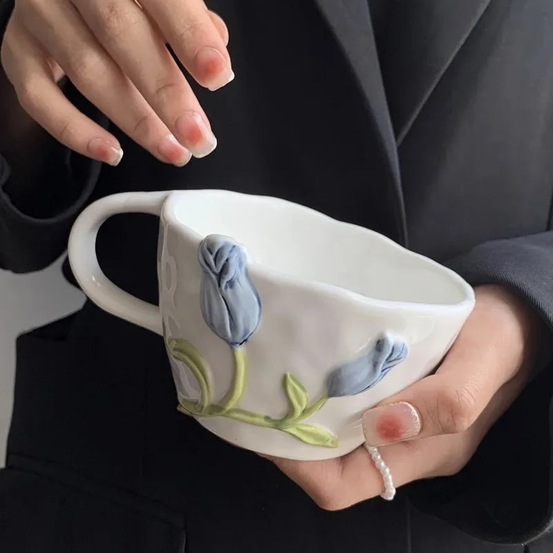 European Relief Ceramic Tulip Cup Afternoon Tea Dessert Pastry Tea Cup Painted Flowers Coffee Mug Couple's Water Cup Café Teapot