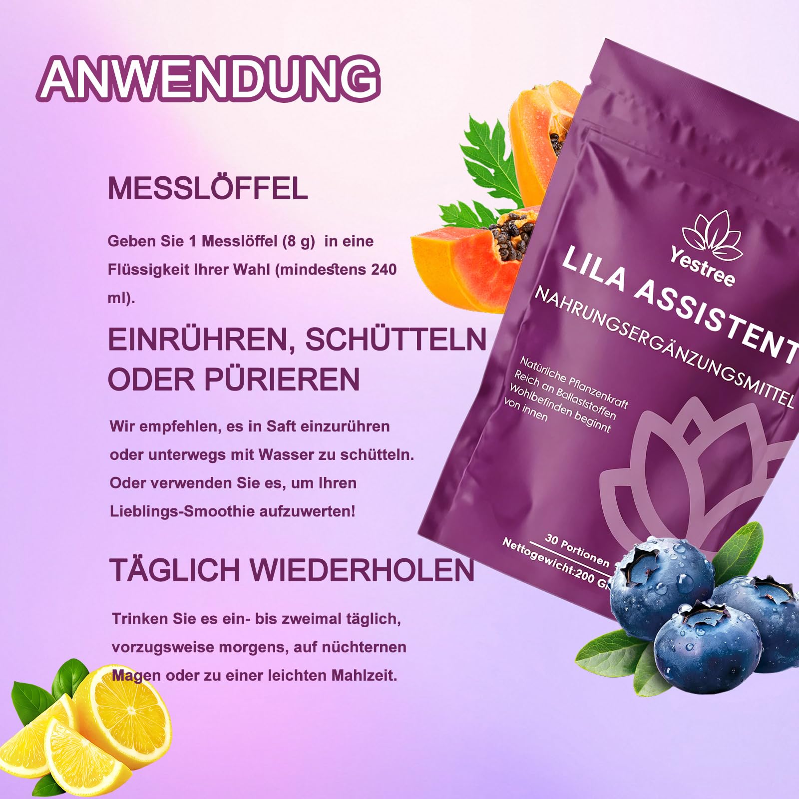 VITAFANT GREEN HELFERS 2 Pack Lila Superfood Pulver, Natürliche Pulverformel mit Aronia, Papaya, Heidelbeere, Inulin, Natürliches Ballaststoffreich Pflanzenpulver 200g