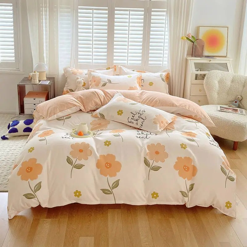 Cute Pink Strawberry Duvet Cover Flat Sheet Pillowcase Floral Bedding Set Girls Bed Linen Soft Thick Washed Cotton Bedclothes