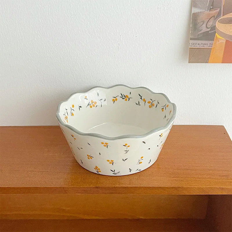 Fresh Pastoral Small Broken Flower Ceramic Bowl Ins Vintage Lace Salad Fruit Thickened Lovely Soup Rice Bowl Complimentary Spoon