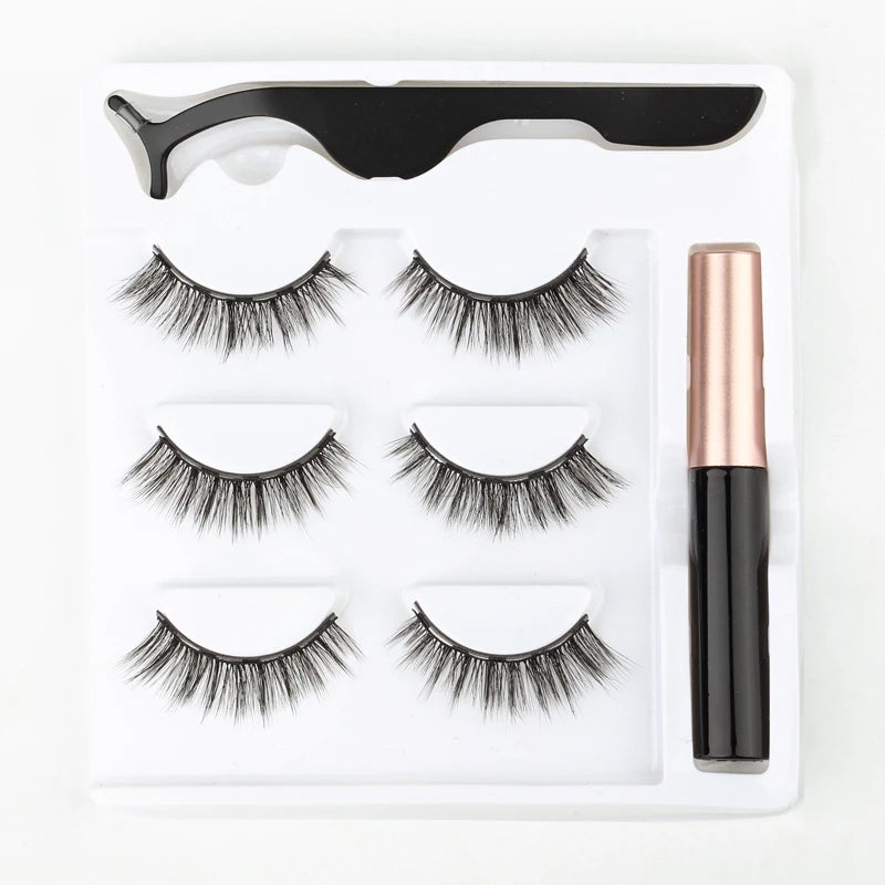 Magnetic Eyelashes Set 1/2/3 Pairs Natural Long False Eyelashes Soft Mink Lashes Waterproof Liquid Eyeliner Tweezer Makeup Tools