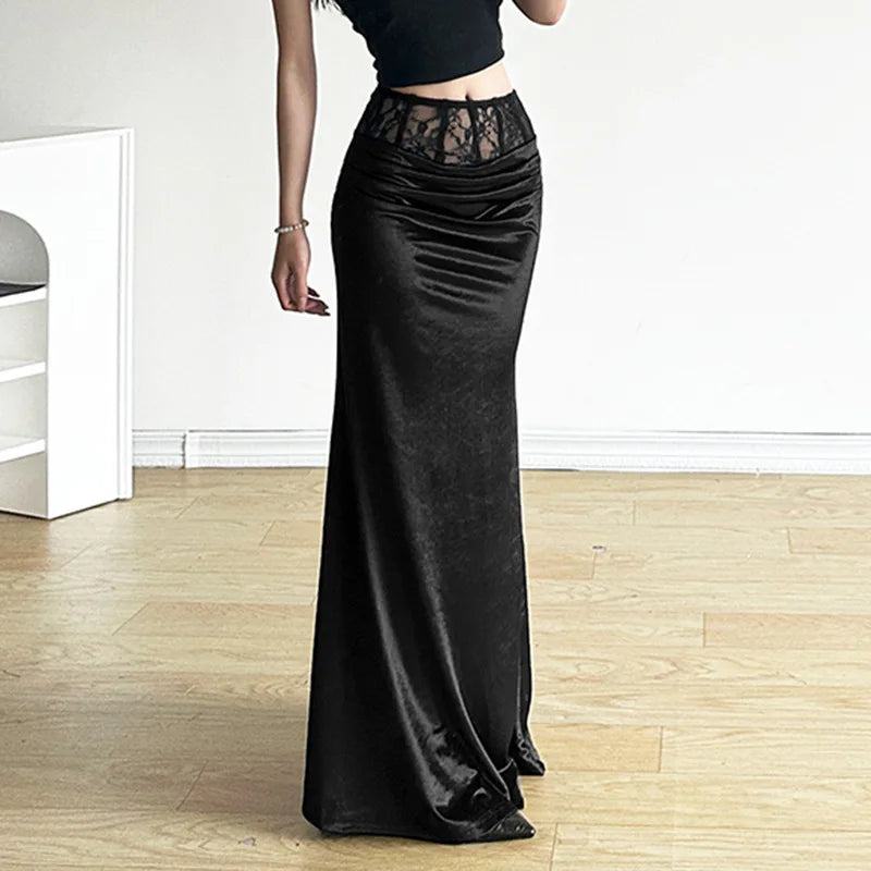 Goth Dark Elegant Mall Gothic Velvet Trumpet Skirts Y2k Partywear Lace Patchwork Sexy Long Skirt Ladies Evening Black Slim Cloth