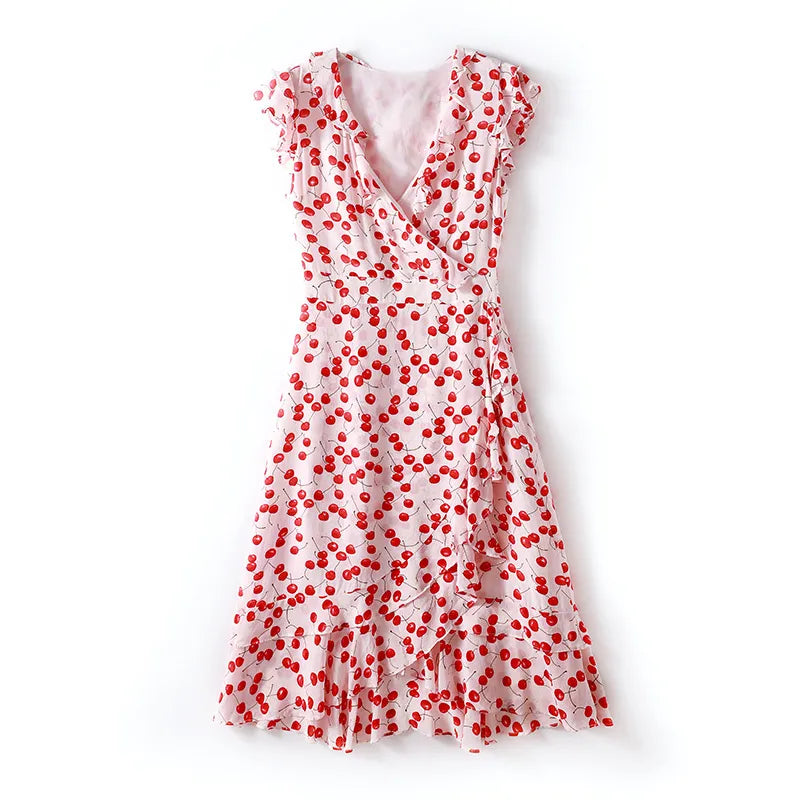 Spring and summer women's new fashion V-neck ruffled waist slimming silk printed A-line dress