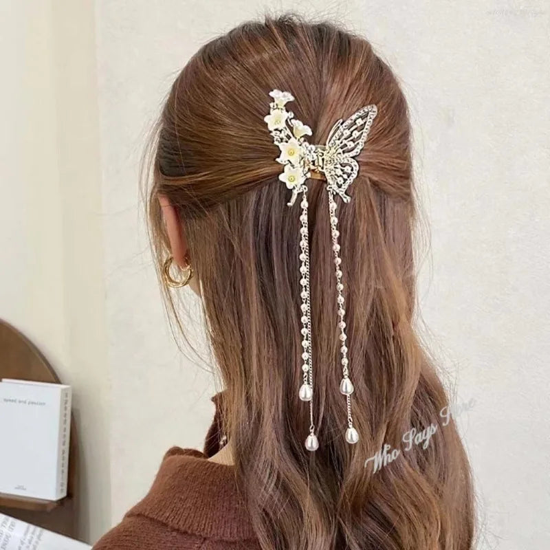 Exquisite Rhinestone Butterfly Fringe Hair Claw Clips Korean New Ponytail Braid Pearl Hairpin Girl Crab Metal Headdress Gift