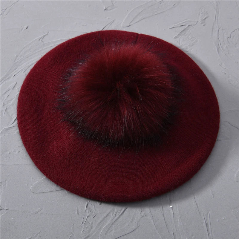 Jaxmonoy Winter Female Beret Women Hat Big Real Raccoon Fur Pompom Beret Wool Cashmere Natural Fur Ball Fashion Beret Cap Female