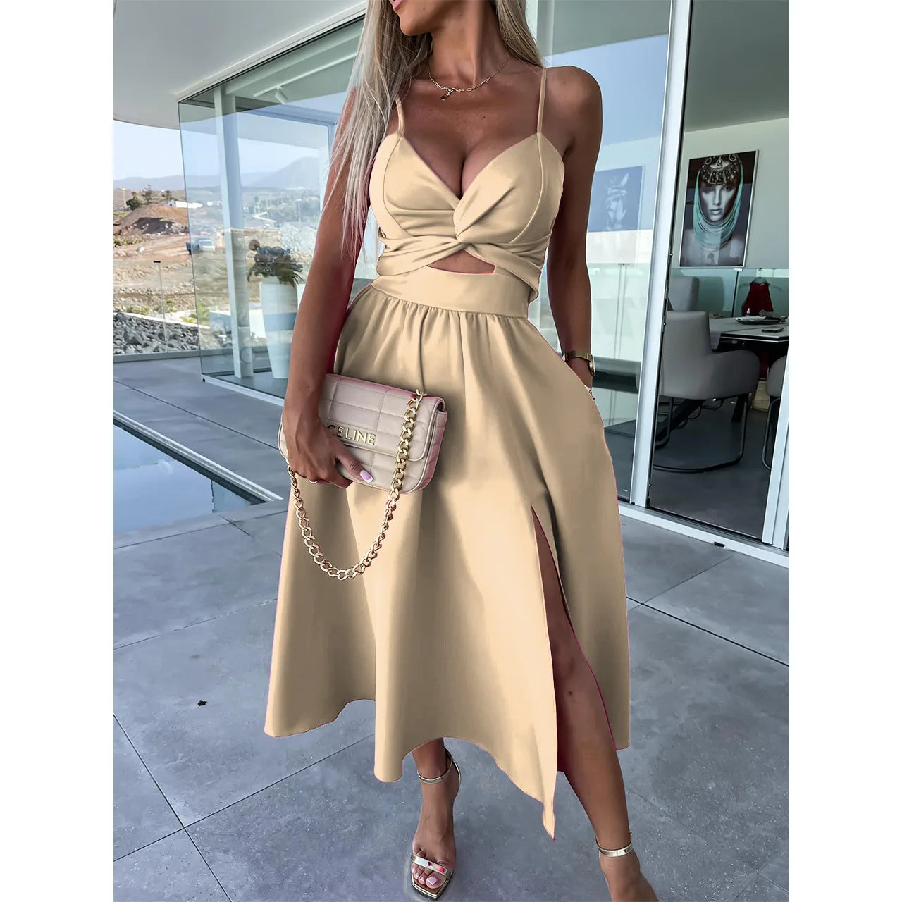 Women Sexy V-neck Backless Sling Dress Summer Fashion Twist Design Hollow Out Long Dress Casual Sleeveless Solid Big Hem Dresses