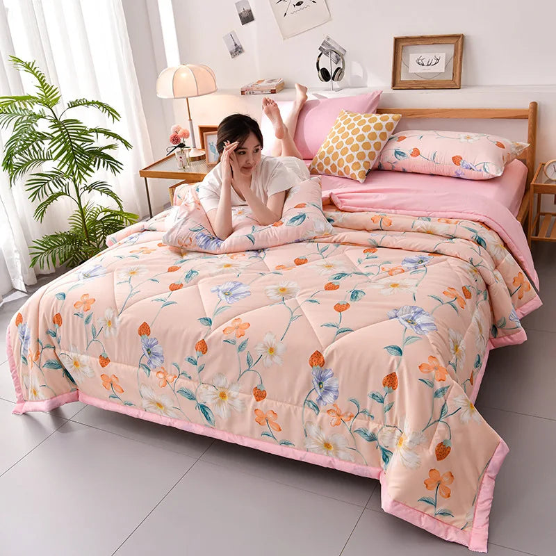 Plaid Summer Cool Quilt Washed Cotton Comfortable Lightweight Air Condition Thin Comforter Simple Feather Blanket For Adults Kid