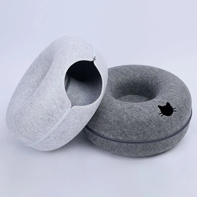 Cute Cartoon Shaped Interactive Toy for Cats House Felt Tunnel Cave Beds Removable Donut with Zipper Nest Basket Kitten Supplies