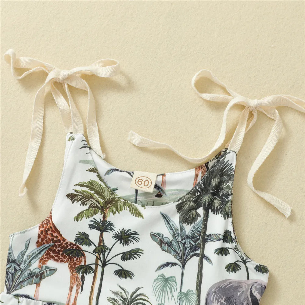 Baby Forest Animal Print Romper, Girls Sleeveless O-neck Short Sling Jumpsuit for Summer