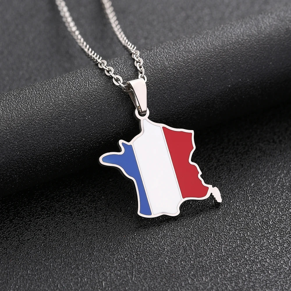 New France Map Flag Pendant Necklace Stainless Steel For Women Men Gold Silver Color Charm Fashion French Jewelry Gifts