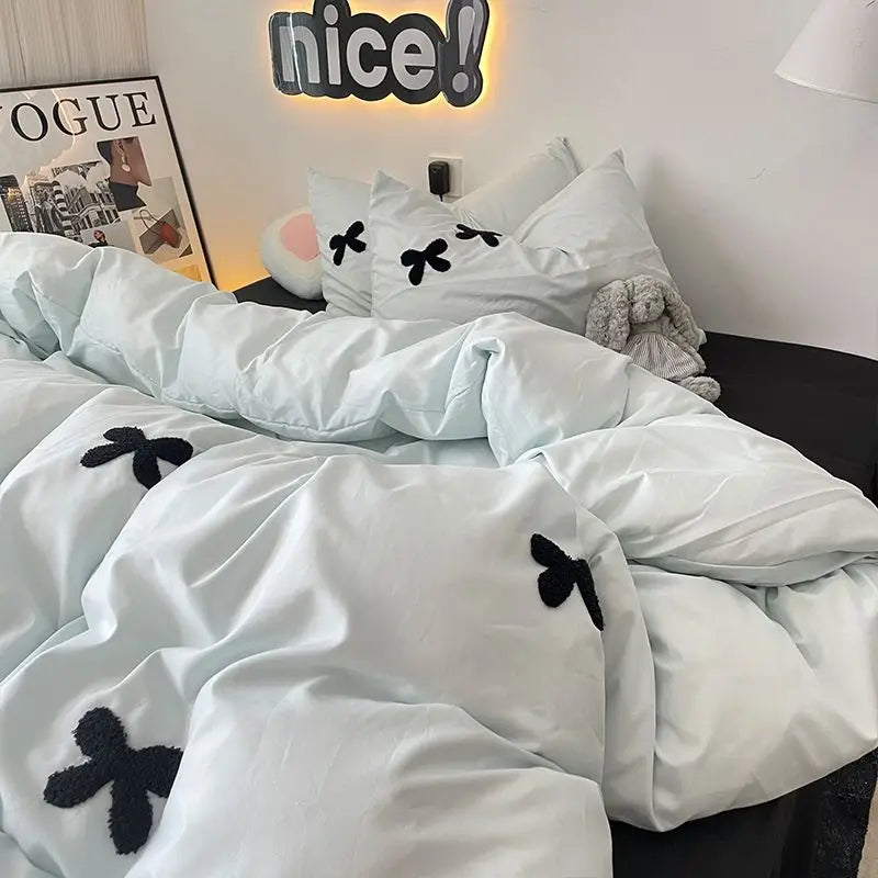 Bedding Set 2024 New Ins Style  Minimalist Blue Washing Cotton black bow towel Embroidered Four PIECE Set, 1.5 Bed Sheets