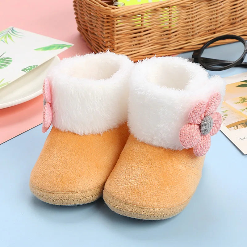 Lovely Flower Winter Snow Baby Boots 7-Colors Warm Fluff Balls Indoor Cottton Soft Rubber Sole Infant Newborn Toddler Baby Shoes