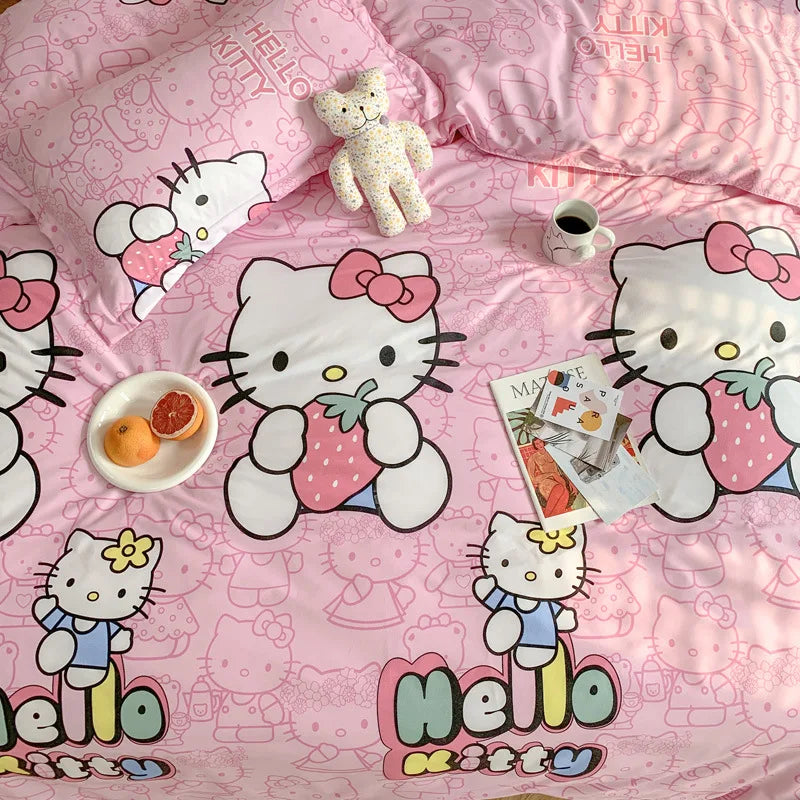 Sanrio Hello Kitty Cotton Bedding Set Cute Double Flat Sheet Duvet Cover Pillowcase Bed Linens Girl Dorm Bedclothes Home Textile