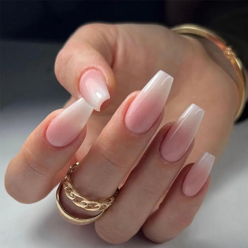 24pcs White Gradient Fake Nails Long Ballet French False Nail Press on Nails Waterproof Faux Fingernails Finished Patch