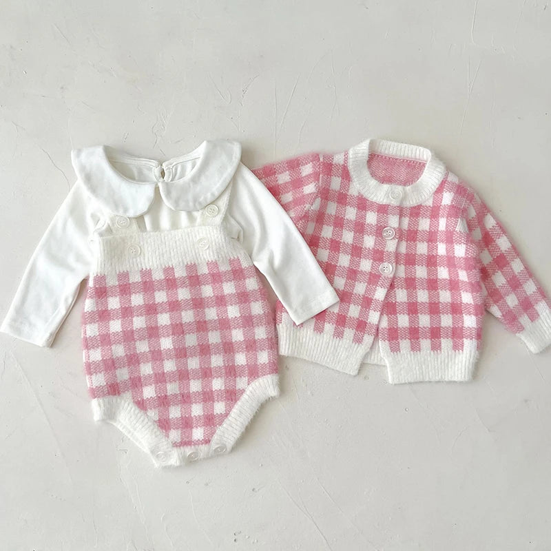 Autumn Spring Newborn Baby Girls Knitting Clothing Set Plaid Long Sleeve  Cardigan Coat+Sleeveless Rompers Children Clothes Suit