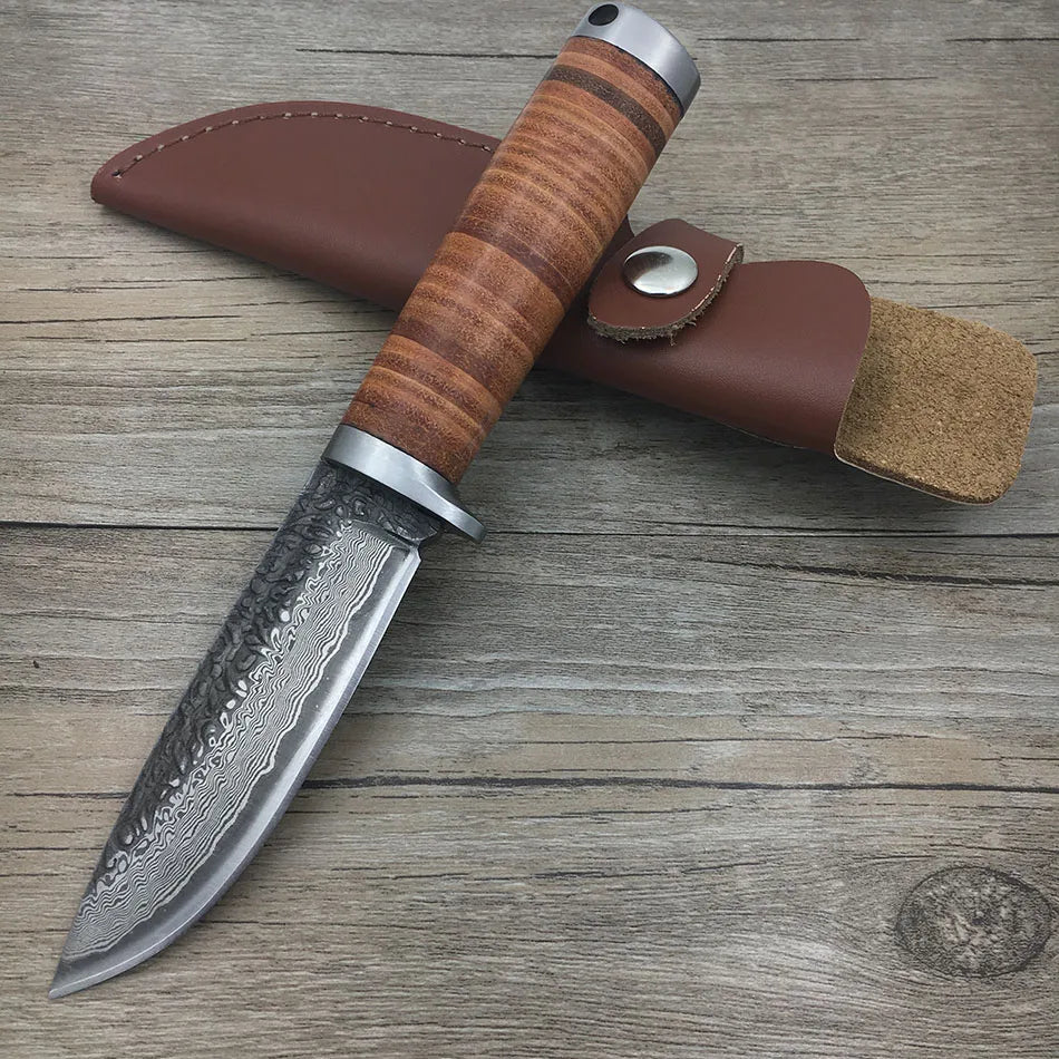 Forged Damascus Steel Straight Knife Tactical for Hunting and Camping