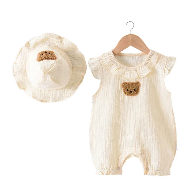 Muslin Summer Baby Romper Hat Set 2Pcs Bear Cotton Newborn Jumpsuit for Boys Girls Clothes Toddler Onesie Infant Outfit Suit