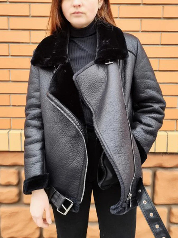 Winter Coats Women Thickness Faux Leather Fur Sheepskin Female Fur Leather Jacket Aviator Outwear