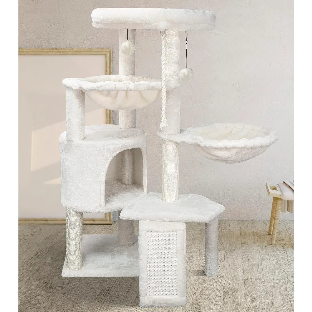 Three Layer Cat Tree with Cat Condo Scratch Pad and Two Hammocks,Beige