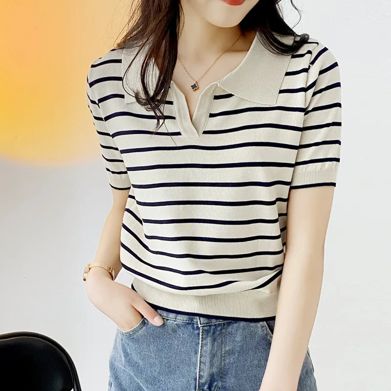 Women  Summer  POLO T-Shirt Causal Cotton Short Sleeve Lady T Shirt Striped Summer Female Trendy Fashion Top Tee