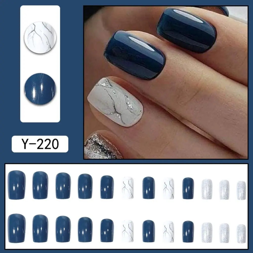 Fashion Wearable Manicure French Fake Nails Medium Length Faux Fingernails False Nail Square Head Full Cover Press on Nails Girl