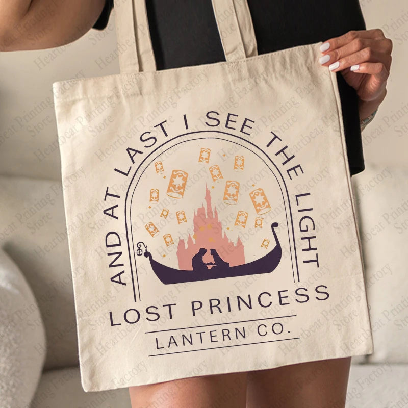 Rapunzel Lost Princess Pattern Tote Bag Canvas Lantern Co. Shoulder Bag Women's Reusable Shopping Bags Best Gift for Movie Lover