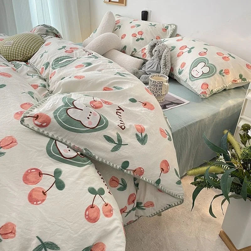 Bedding Set INS Girls Cherry  Soft Washed Cotton Bed Sheet Queen King Size Duvet Set  Comforter Set Pillowcase Bed Linens