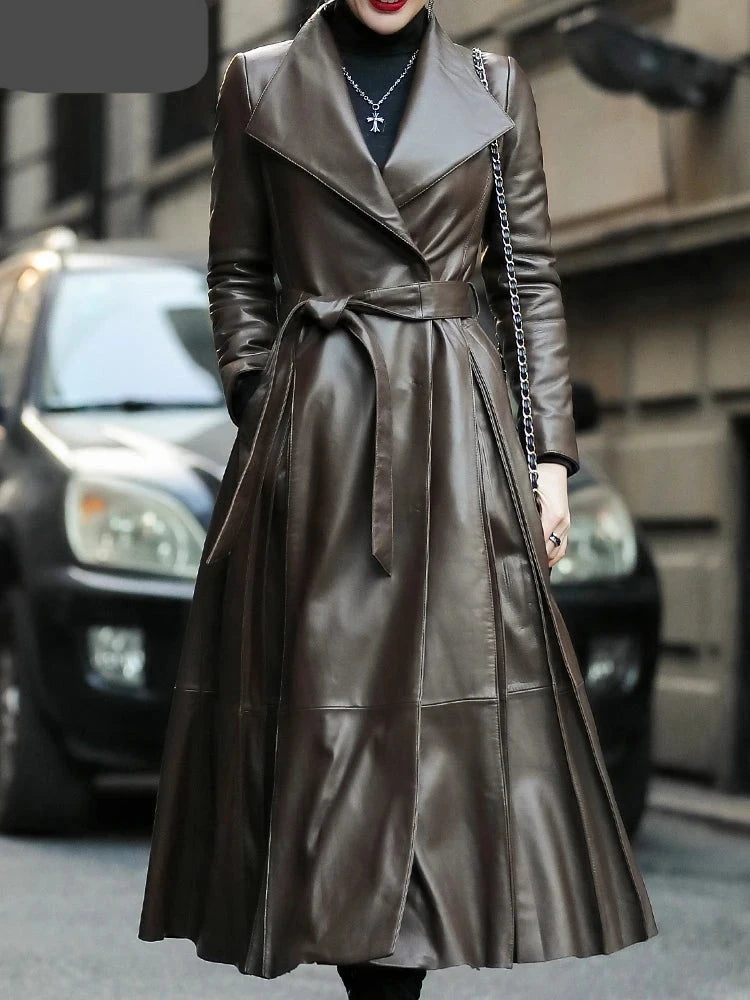 Nerazzurri Autumn Long Brown Black Soft Faux Leather Trench Coat for Women Belt Skirted Elegant Luxury Fashion 5xl 6xl 7xl 2022