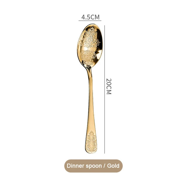 &Gold Luxury Cutlery Sets Fork Spoons Knife Silverware Kit Vintage Carved Tableware Set European Dinnerware For Home Kitchen