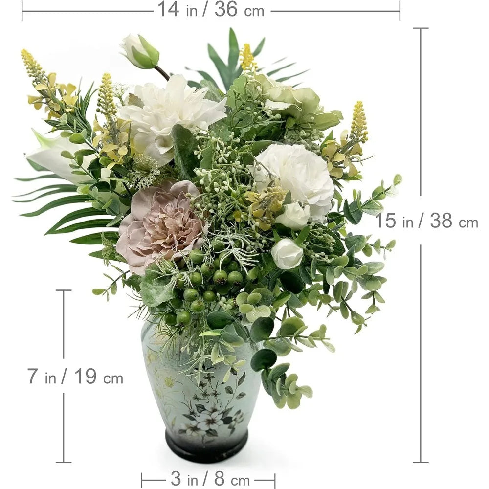 Faux Flowers in Ceramic Vase, Artificial Flower Arrangement Decoration for Home Kitchen Living Dinning Room Coffee Table Centerp