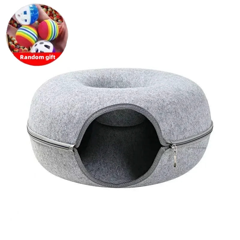 Cute Cartoon Shaped Interactive Toy for Cats House Felt Tunnel Cave Beds Removable Donut with Zipper Nest Basket Kitten Supplies