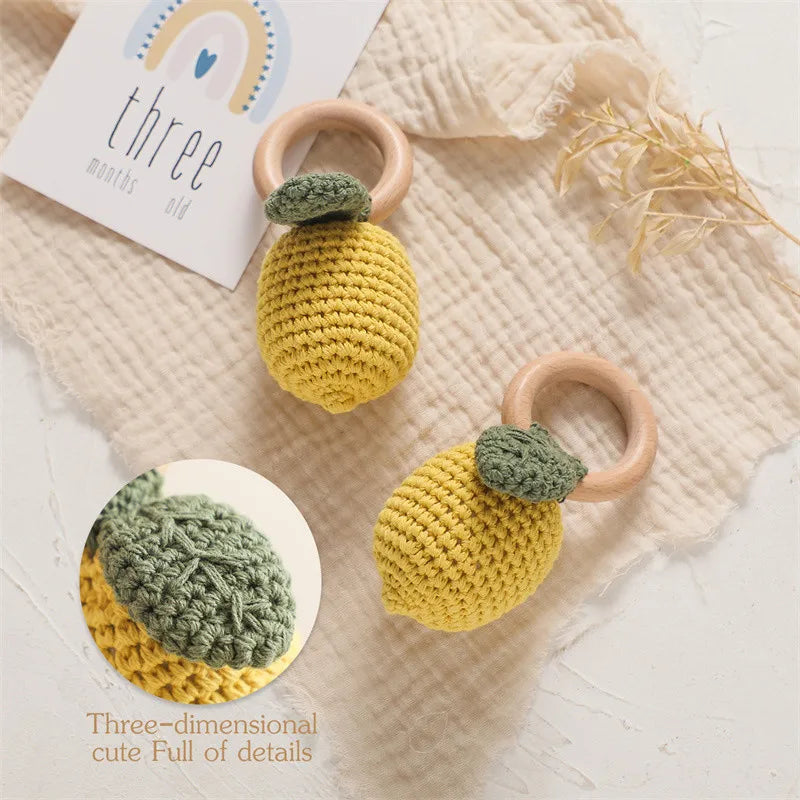 1PC Baby Ratter Toys Wooden Fruit Crochet Ringing Teether BPA Free Lemon Rainbow Rings Newborn Montessori Teether Kid Toys Gifts