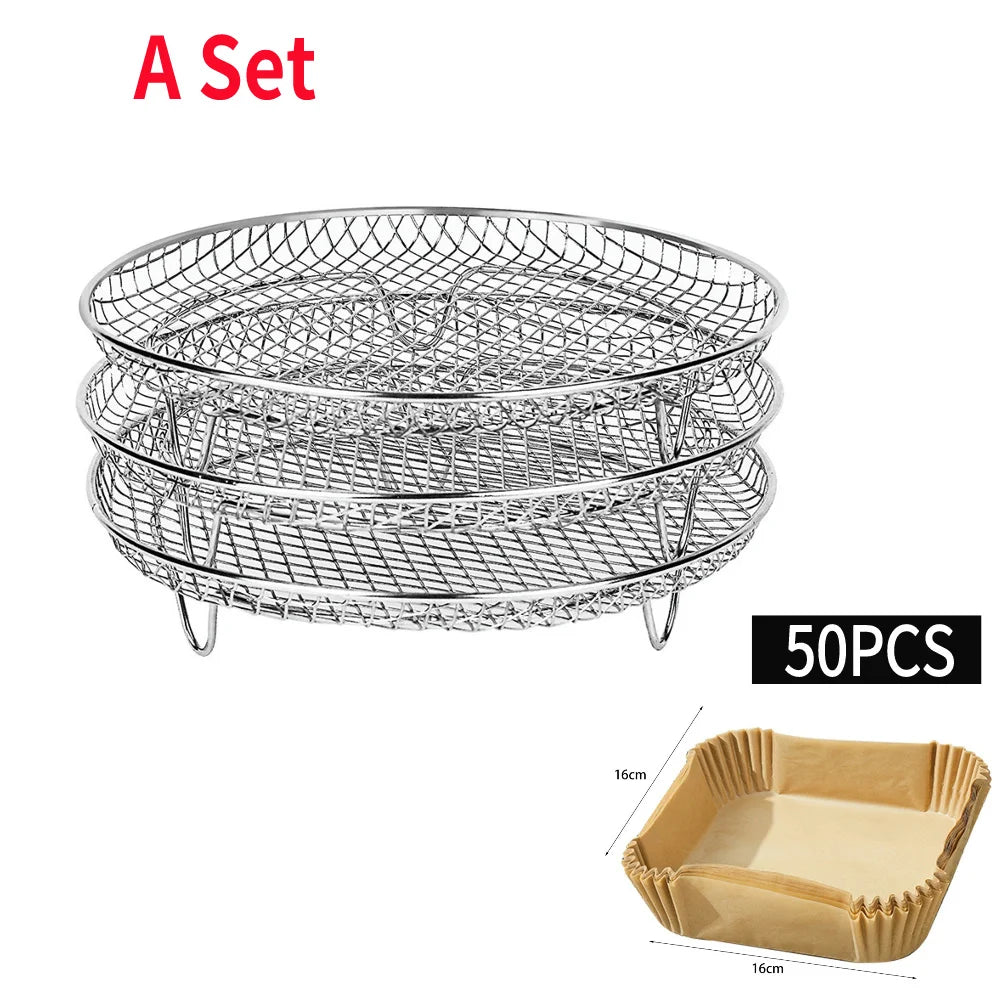 &3-layers Air Fryer Rack Stackable Grid Grilling Rack Stainless Steel Anti-corrosion for Home Kitchen Oven Steamer Cooker Gadgets