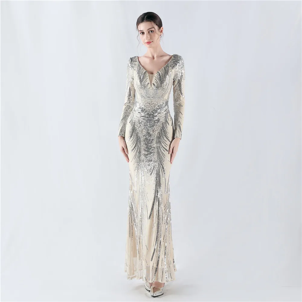 Customized Women's V Neck Long Sleeve Elegant Sequin Floral Mermaid Bodycon Formal Party Gown Evening Maxi Dress