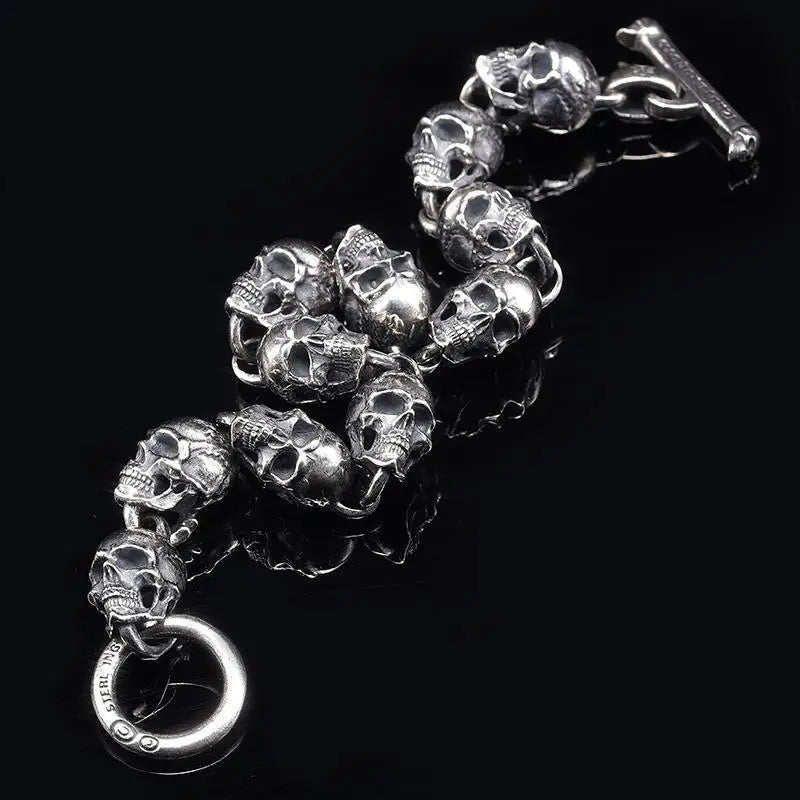 S925 Silver  Handmade Skull Motorcycle Hand String Trend Men's and Women's Skeleton Vintage Punk Bracelet