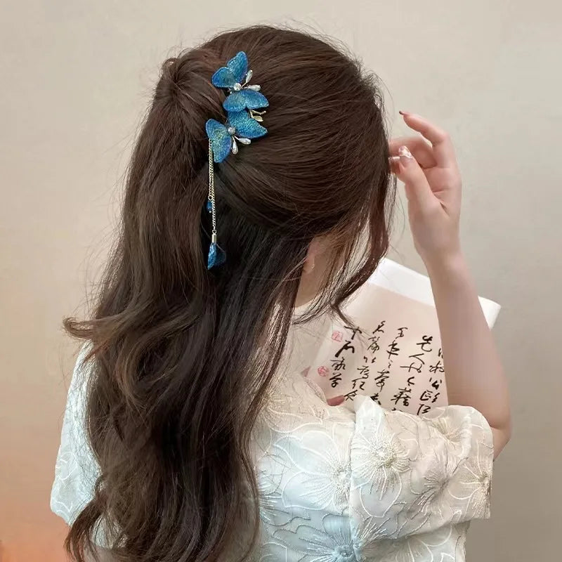 Dark Blue Butterfly Hair Comb Clip Chinese  Ancient Hairpin for Women Bamboo Flower Leaf Designer Tassel Hair Clips Styling Tool